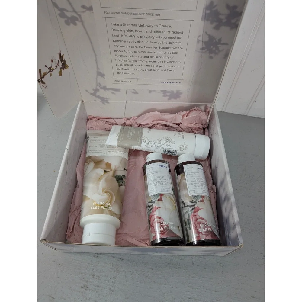 Korres Grecian Gardenia Body Care Set Body Butter Souffle Cleanser 4pc NIB